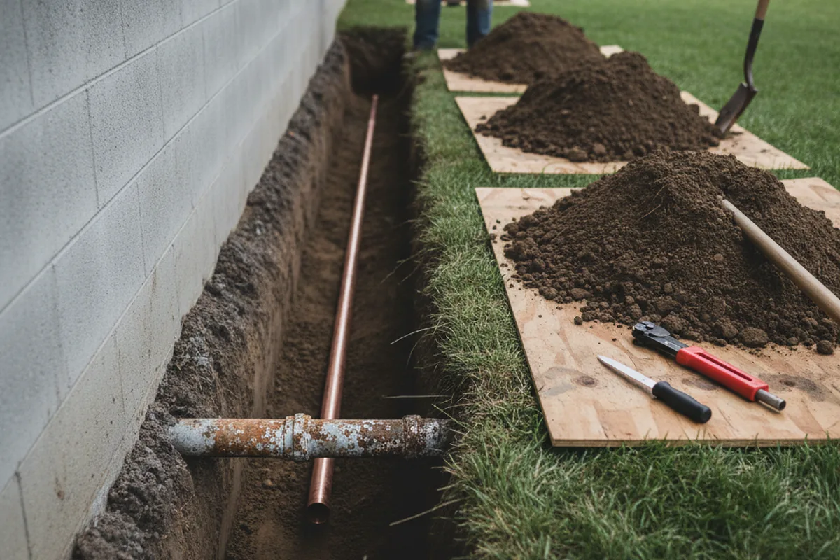 Excavated water line trench during Sewer Line Repair in Holland